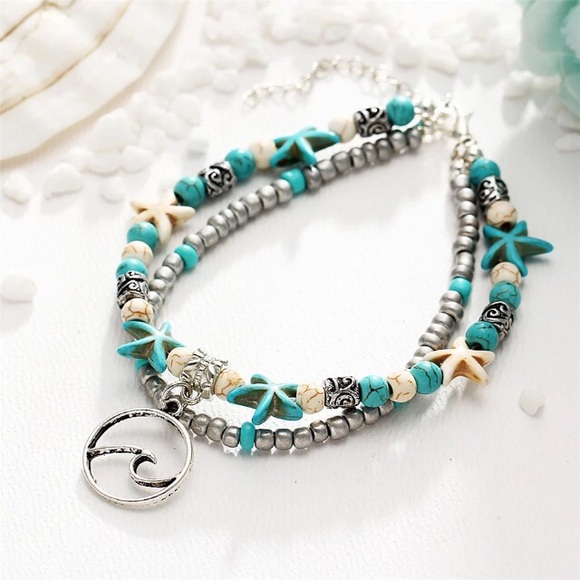 Boho Wave Anklet Silver Turquoise Beading - Picture 3 of 5